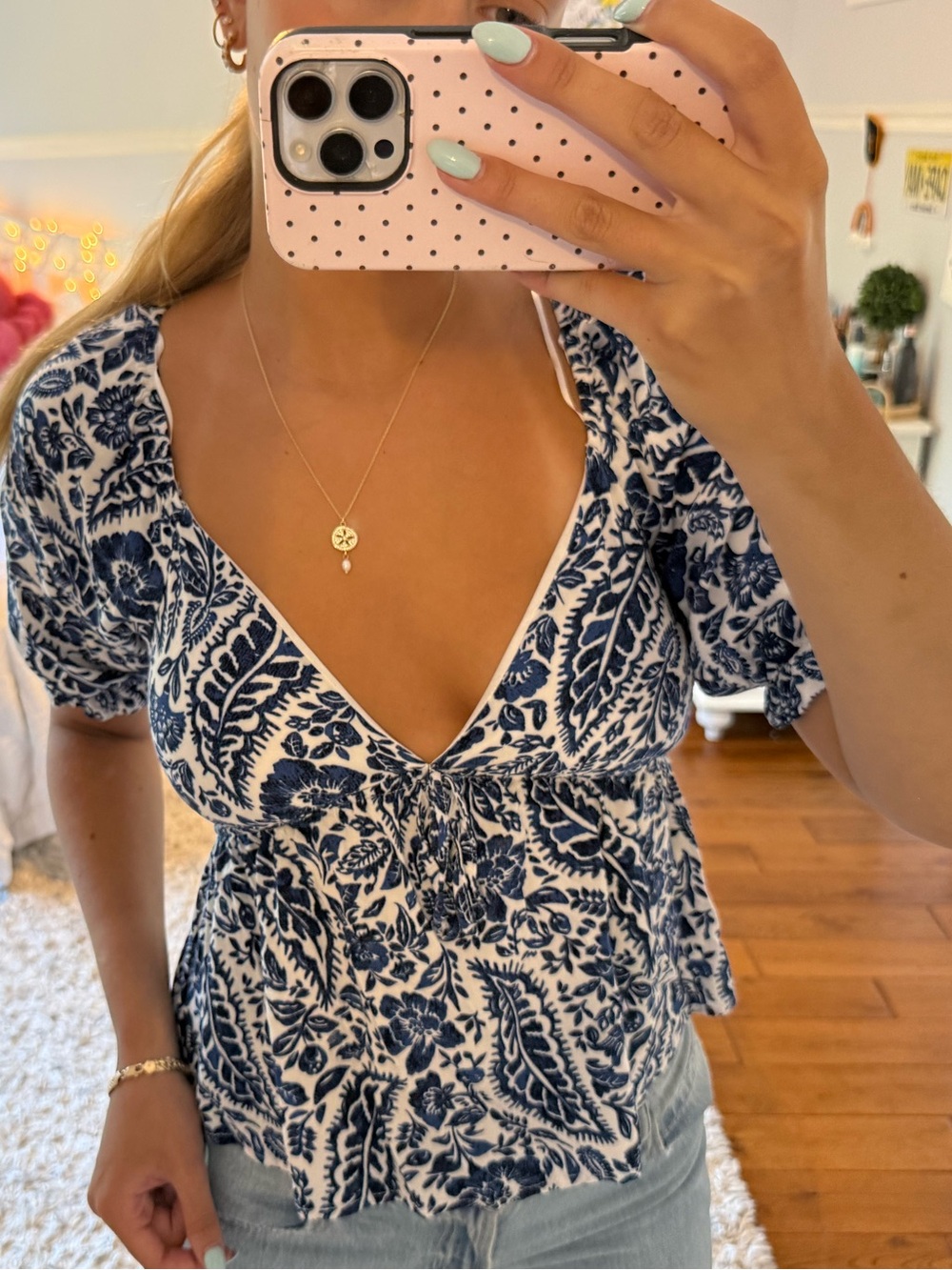 Francesca's Collections Navy and White Floral V-Neck Peplum Top